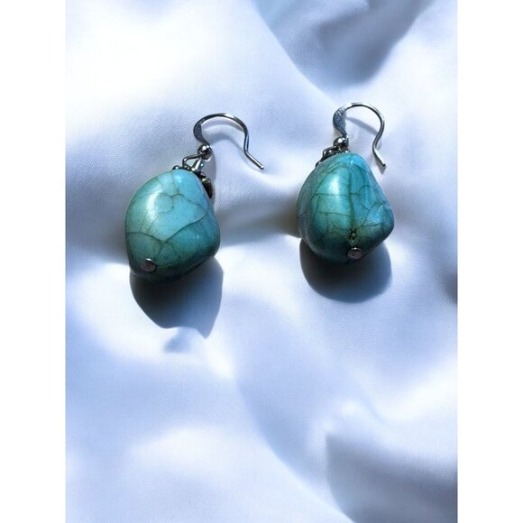 Turquoise Style Drop Earrings With Silver Accents Handcrafted Vintage Design - Picture 3 of 7